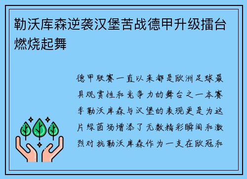 勒沃库森逆袭汉堡苦战德甲升级擂台燃烧起舞